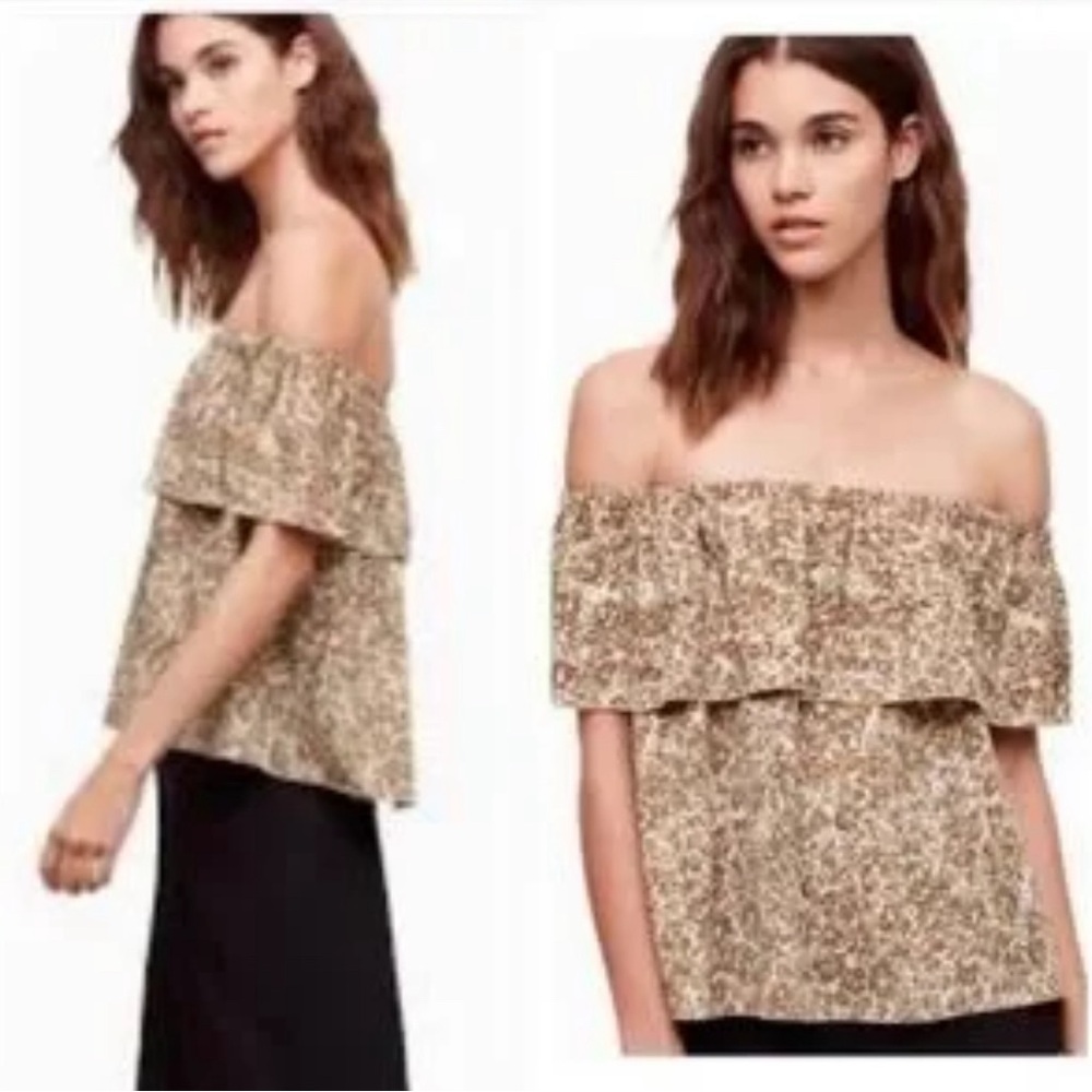 Aritzia WILFRED Promener Brown Vacation Leopard Print Ruffle Off Shoulder Size S